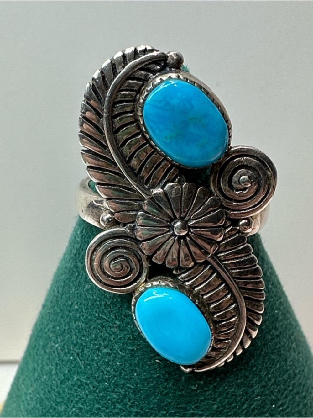 Turquoise Double-Stone Sterling Silver Feather Flower Ring - Picture 13 of 15